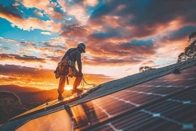 Accredited installer fitting solar panels on a rooftop at sunset